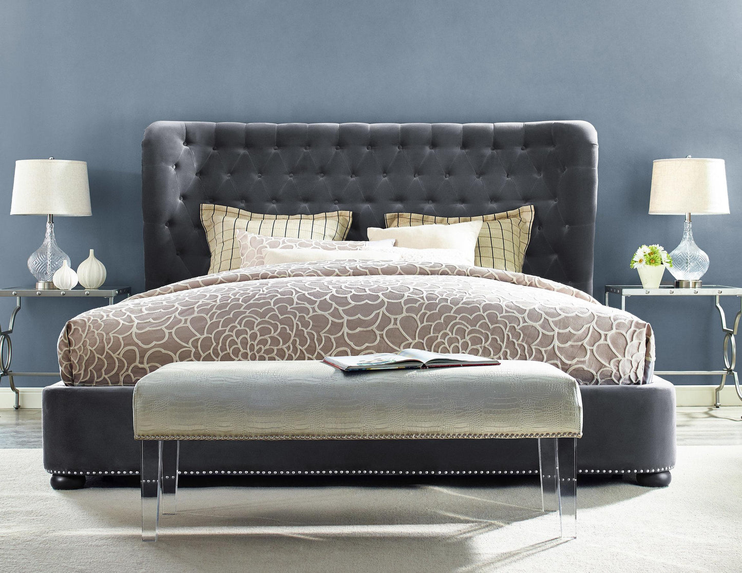 Finley Grey Velvet Bed in Queen