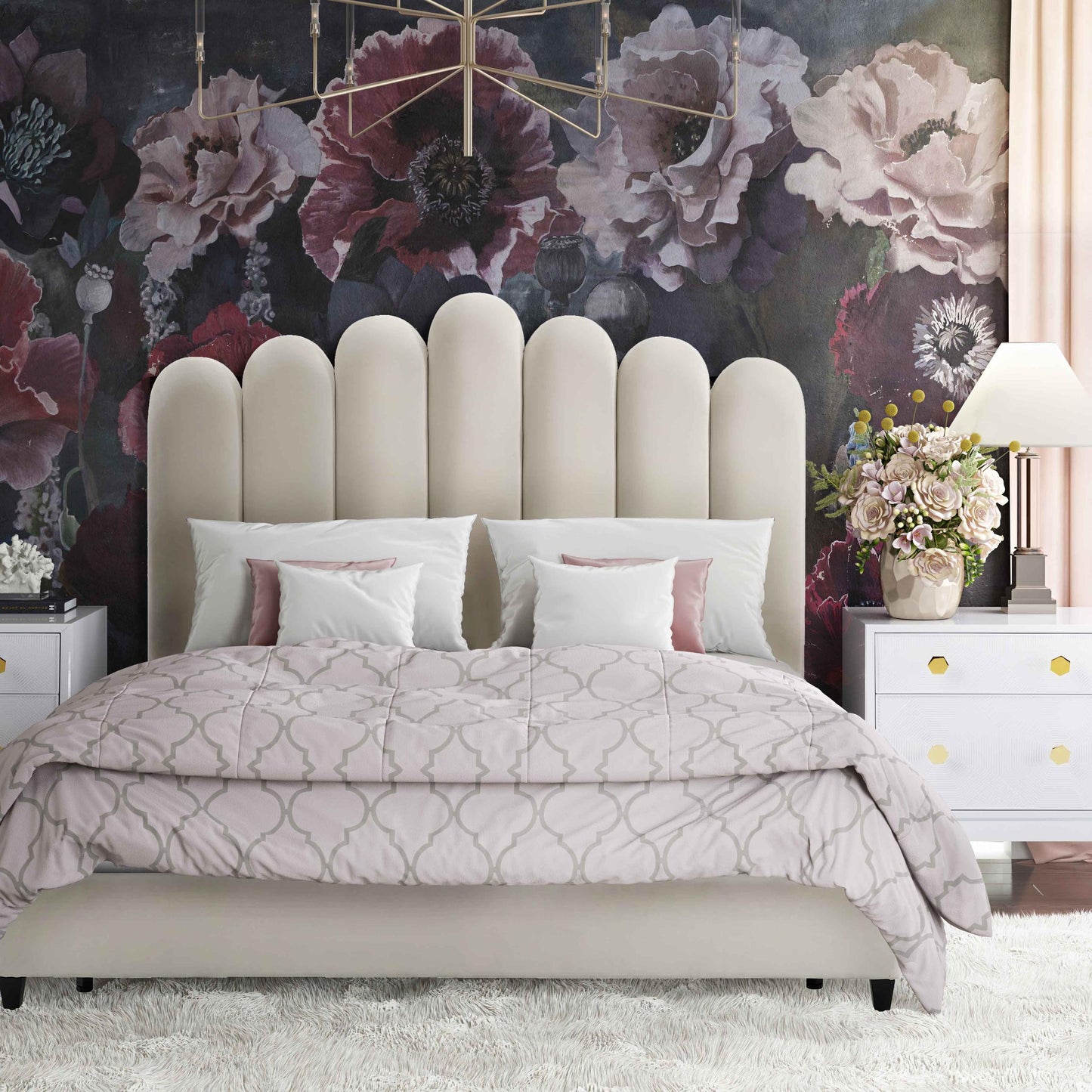 Celine Cream Velvet Bed in King by Inspire Me! Home Decor