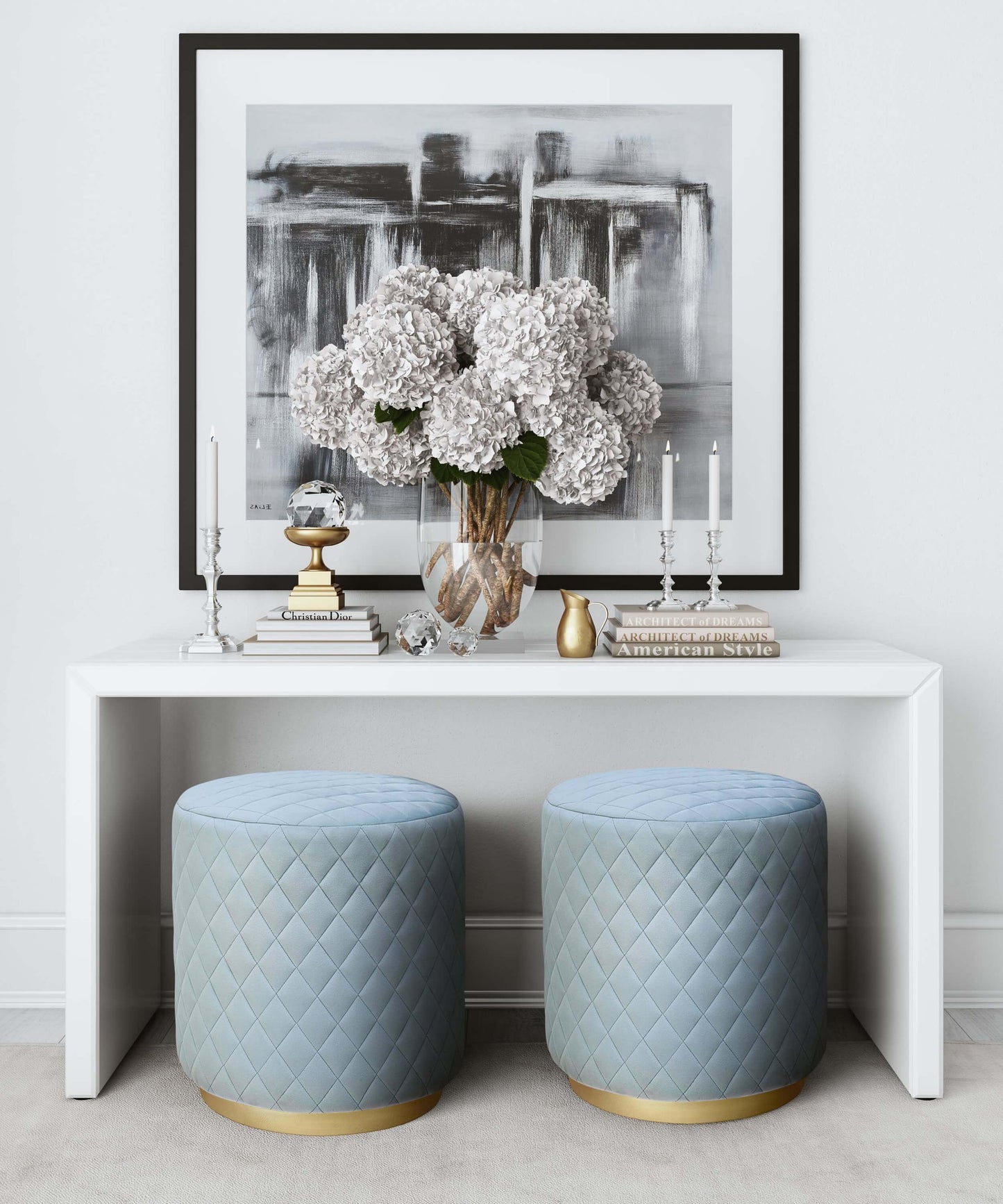 Abir Light Blue Velvet Ottoman