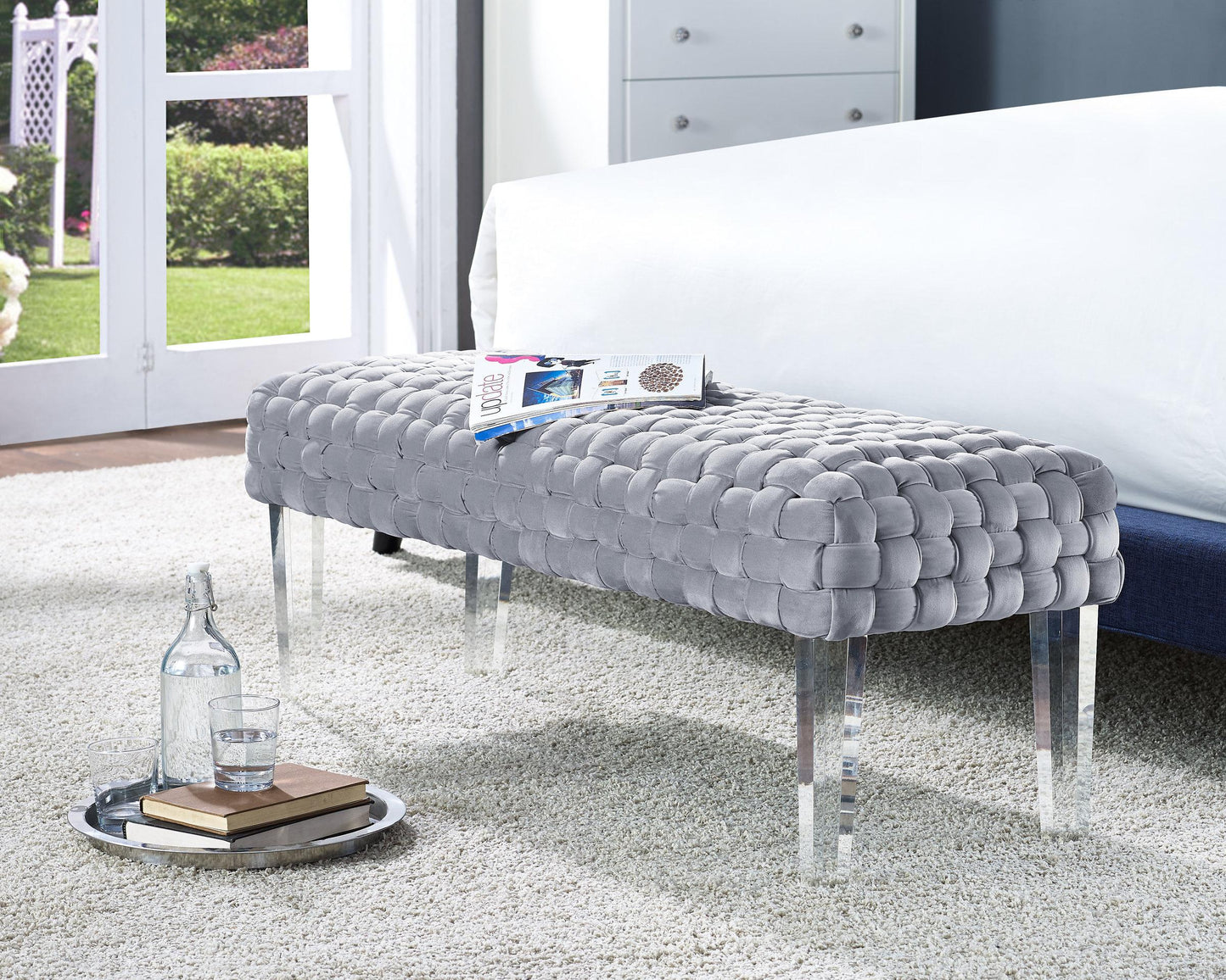 Sal Woven Grey Velvet Bench