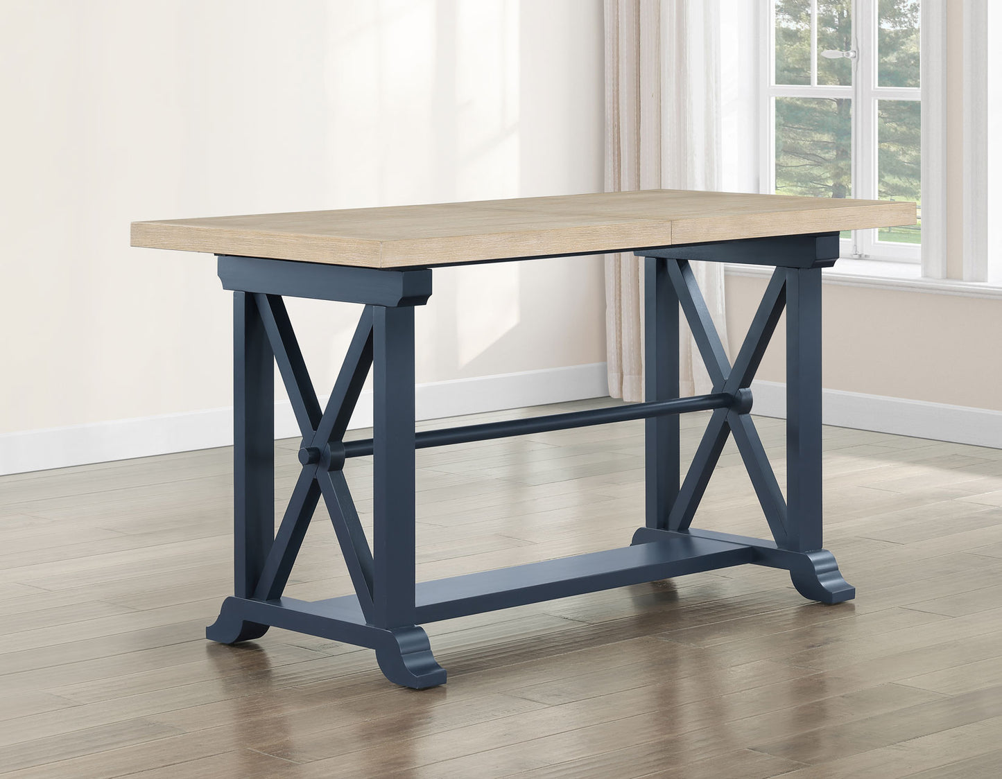 Darcy 64-82″Counter Table with 18-inch leaf, Midnight Blue and Natural Finish