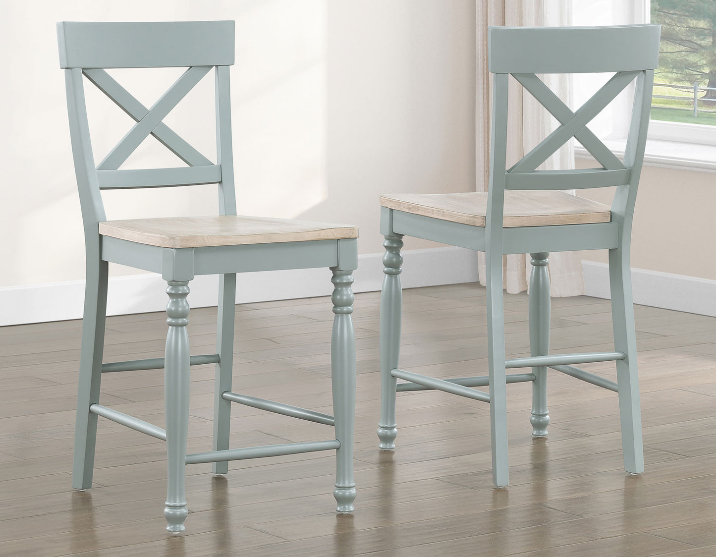 Darcy 5-Piece 64-82″Counter Set with 18-inch leaf, Mint Green and Washed Linen Finish