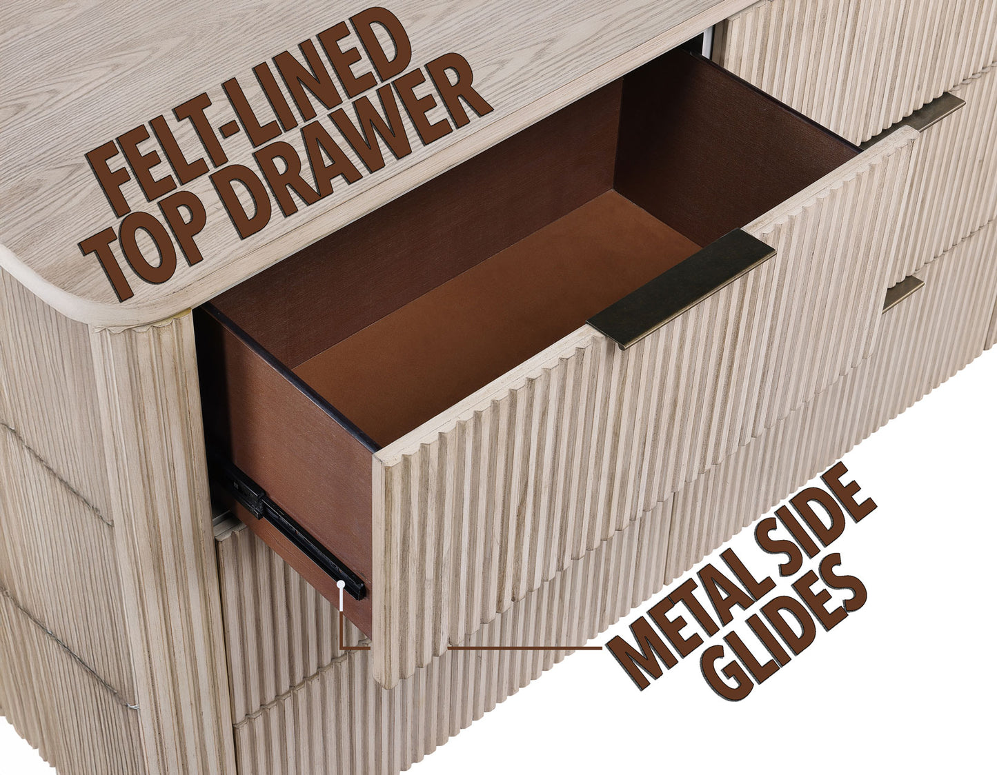 Henry 65″ 6-Drawer Reeded Dresser, Tan Finish