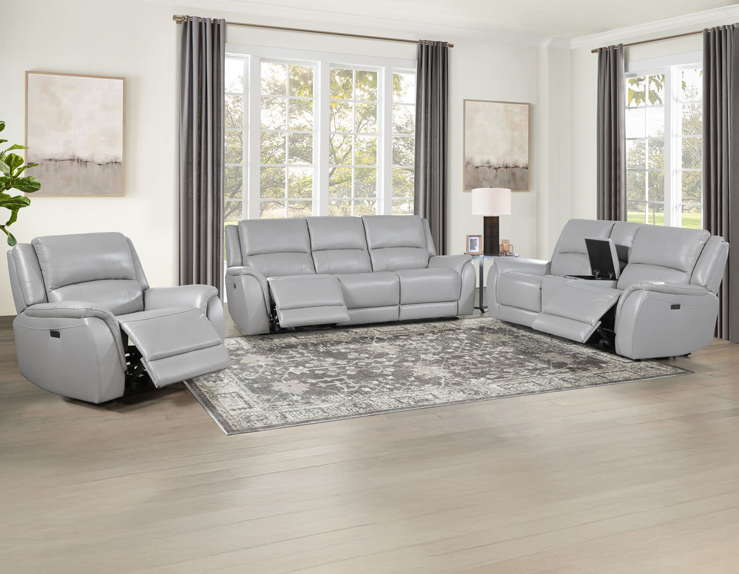 Alexandria 3-Piece Leather Reclining Set – Sofa, Loveseat, Recliner, Stone