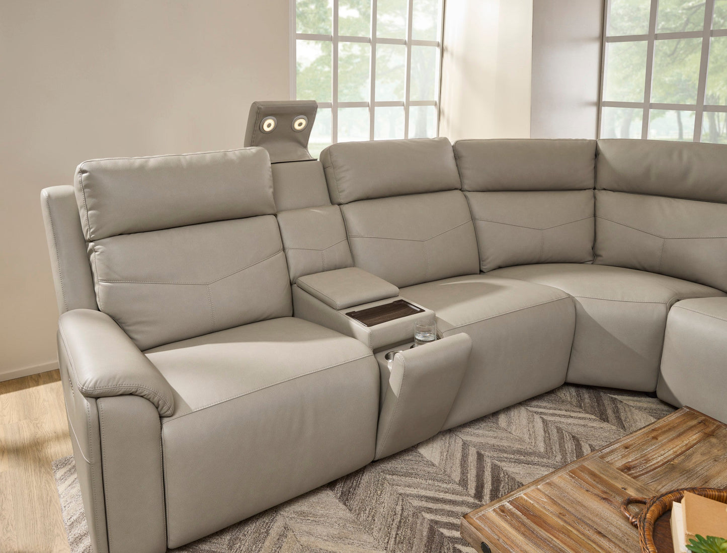 Dove Grey Fabric Power Reclining Sectional with Power Headrest, Lumbar, Heat, & Massage