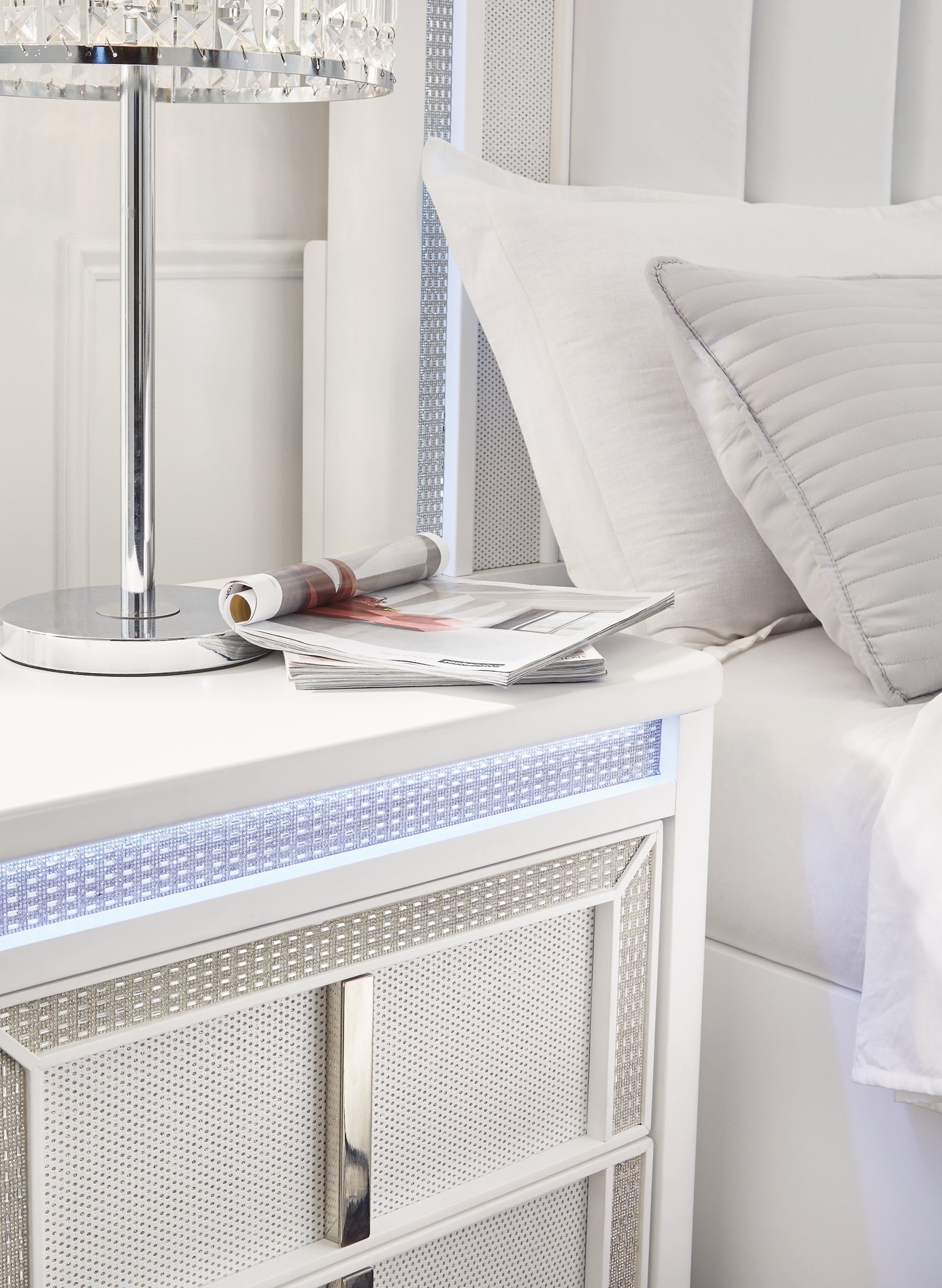 Chalanna Queen Upholstered Storage Bed with Mirrored Dresser, Chest and Nightstand