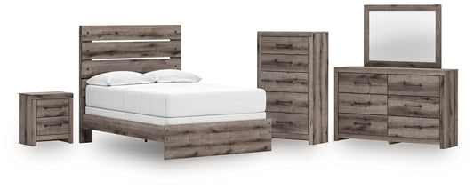 Graystorm Full Panel Bed with Mirrored Dresser, Chest and Nightstand