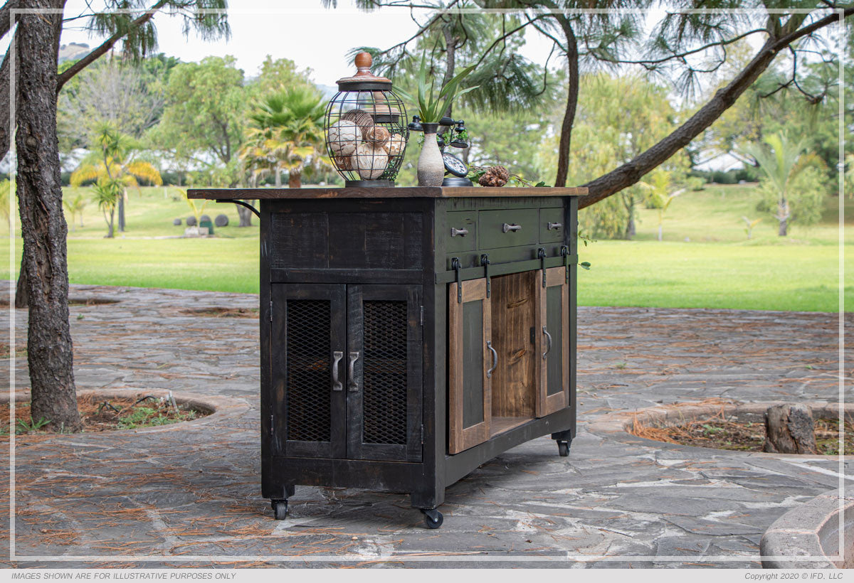 3 Drawer Kitchen Island w/2 sliding doors, 2 Mesh doors on each side - functional casters - Black & Brown Finish