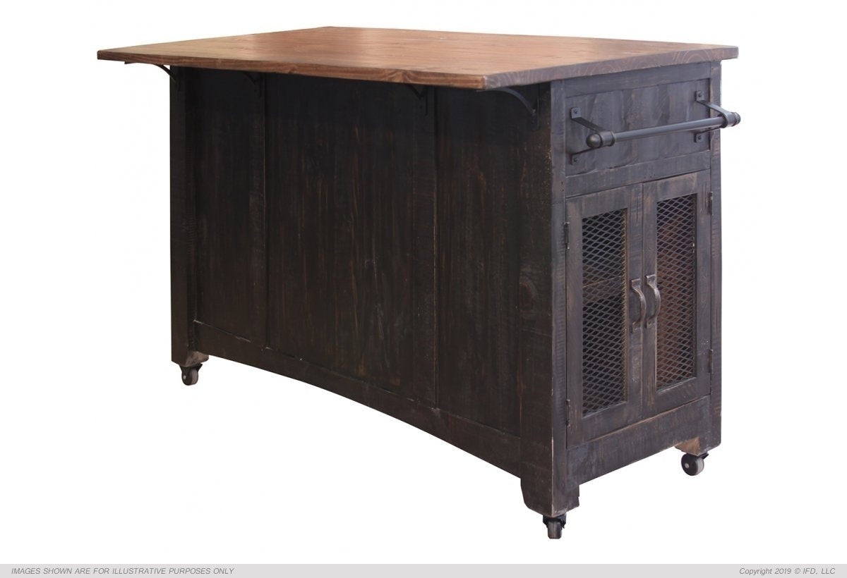 3 Drawer Kitchen Island w/2 sliding doors, 2 Mesh doors on each side - functional casters - Black & Brown Finish