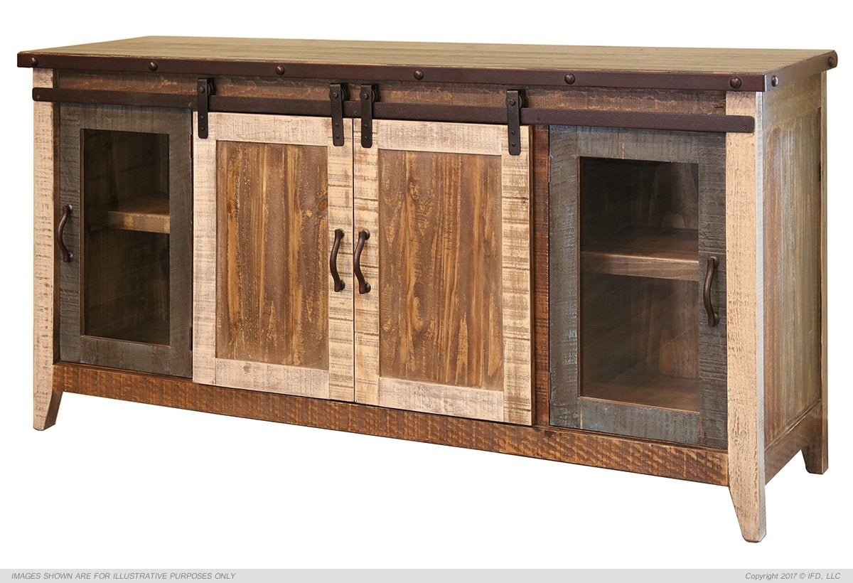 70" TV Stand w/2 Glass doors w/ 1 middle shelf, 2 Sliding doors, w/2 shelves